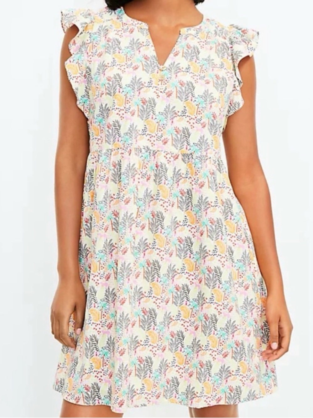 Loft Ruffle Tropical Sleeve Summer Dress - White Multi Medium